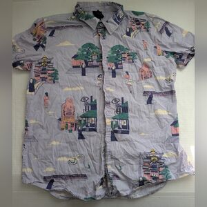 VINTAGE Spirited Away Men Button Up Shirt Purple Bathhouse Graphic Y2K Medium
